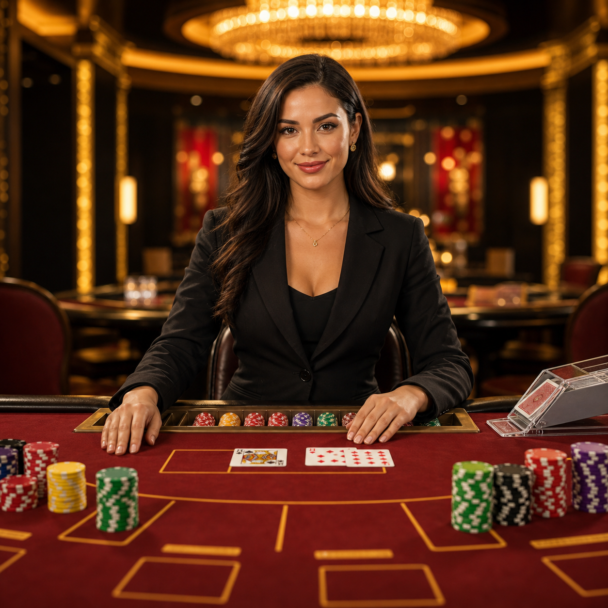 GONWINS live casino table with dealer and green GONWINS lights